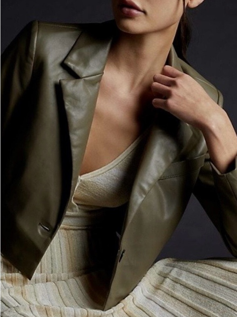 Avec Les Filles Light Olive Green Faux Leather Cropped Jacket and Pants